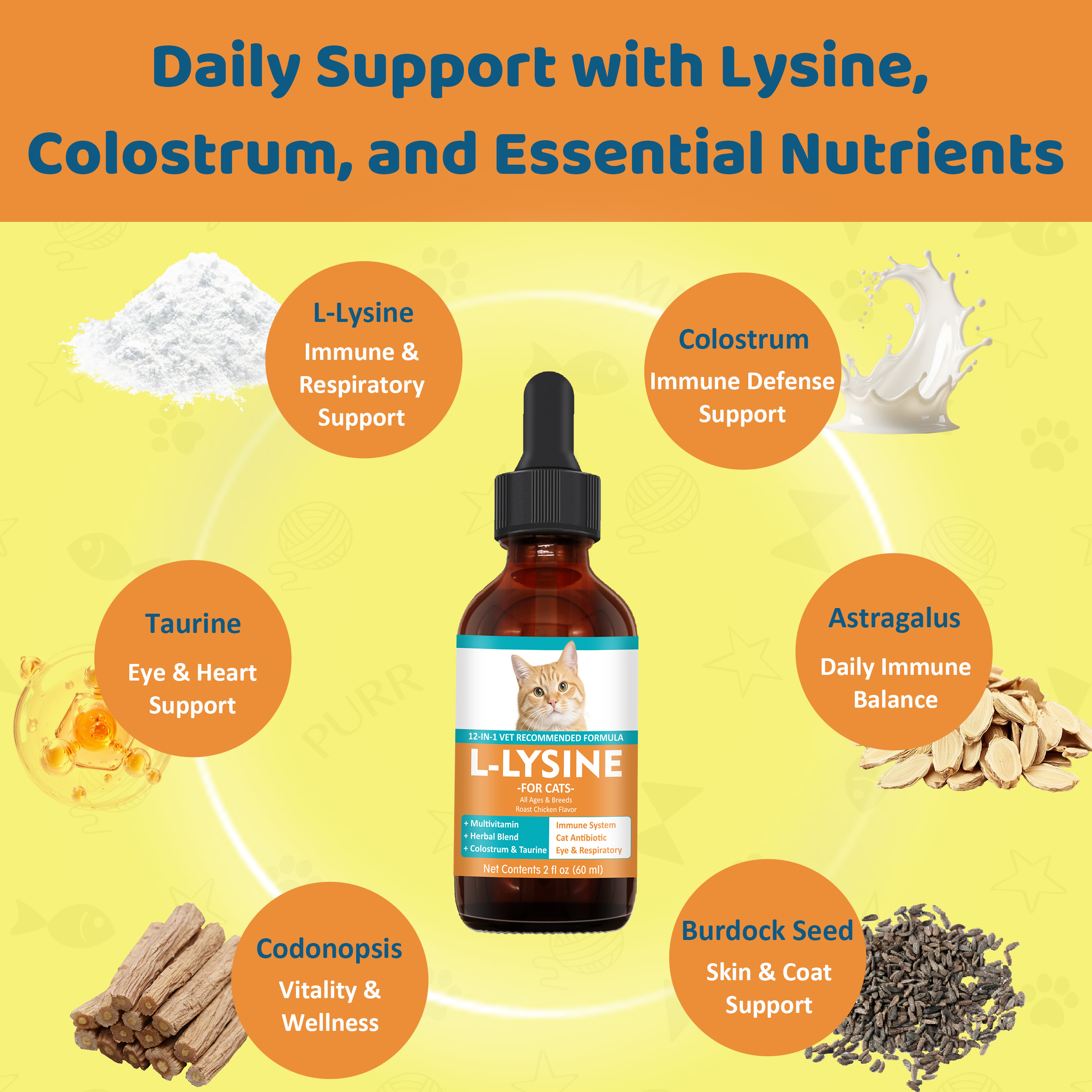 L-Lysine Supplement for Cats – Immune & Respiratory Support, Liquid Lysine for Sneezing, Runny Nose & Eye Health, Chicken Flavor, 60 mL