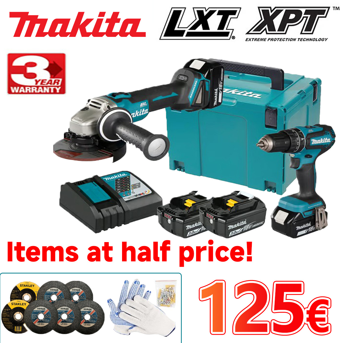 Makita 100th Anniversary Promotional Set: Impact Drill + Angle Grinder for only €125! Limited edition of 200 pieces.