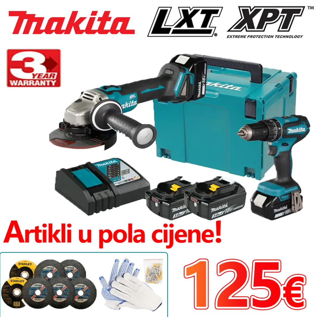 Makita 100th Anniversary Promotional Set: Impact Drill + Angle Grinder for only €125! Limited edition of 200 pieces.