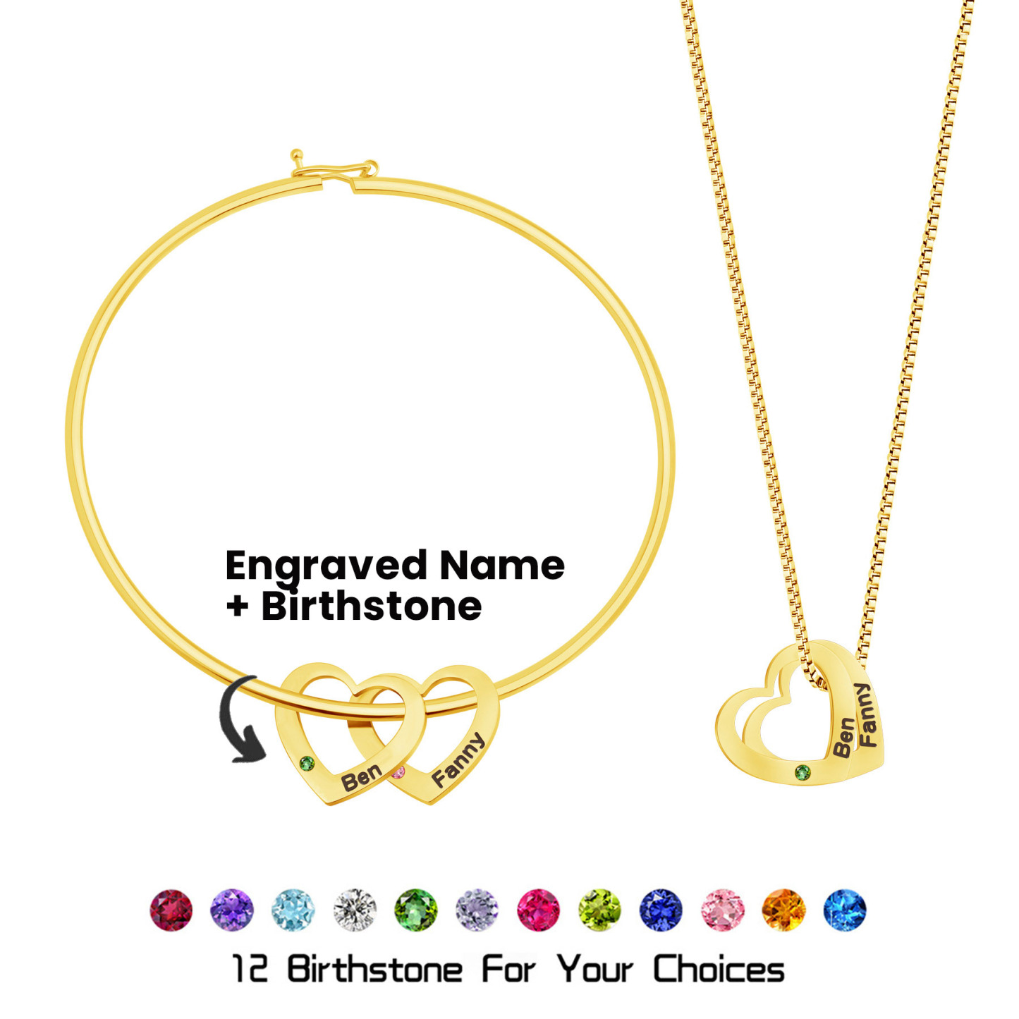 engraved name hearted shape with birthstone necklace & bracelet set