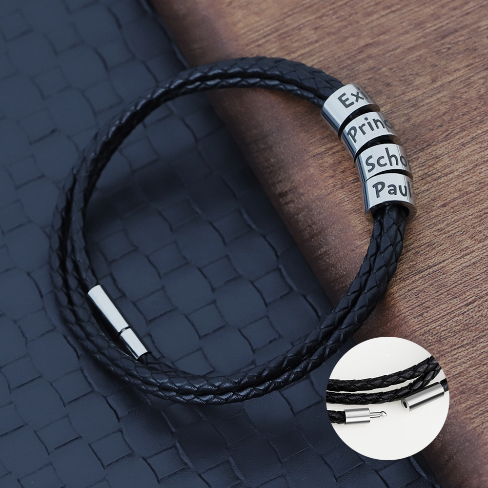 Engraved name leather bracelet for man