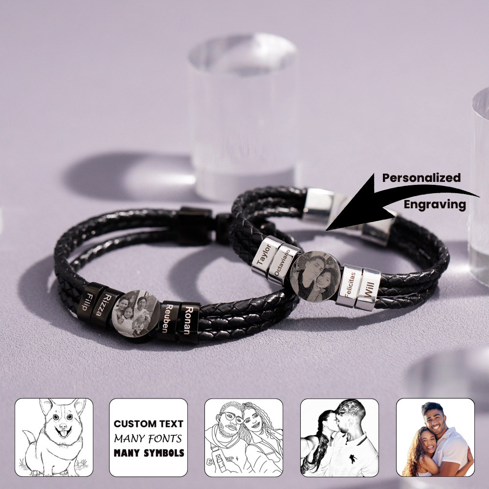 Engraved name and photo leather bracelet for man