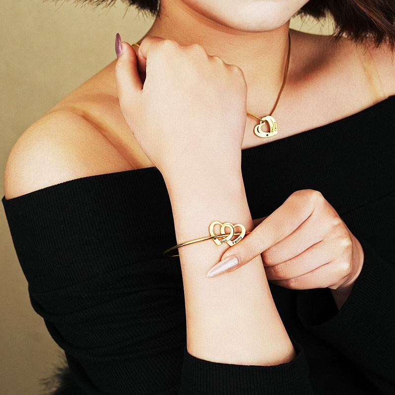 engraved name hearted shape with birthstone necklace & bracelet set