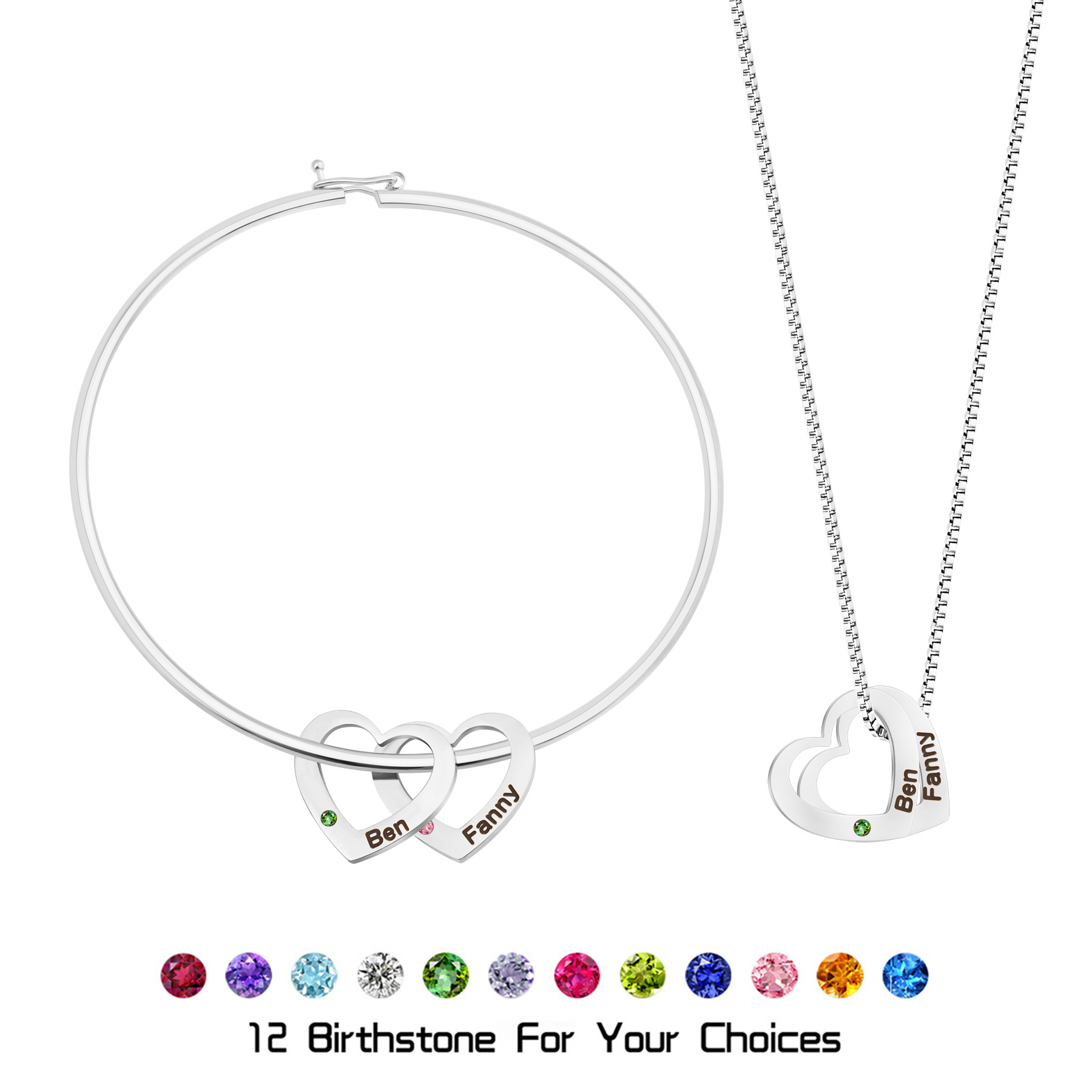 engraved name hearted shape with birthstone necklace & bracelet set