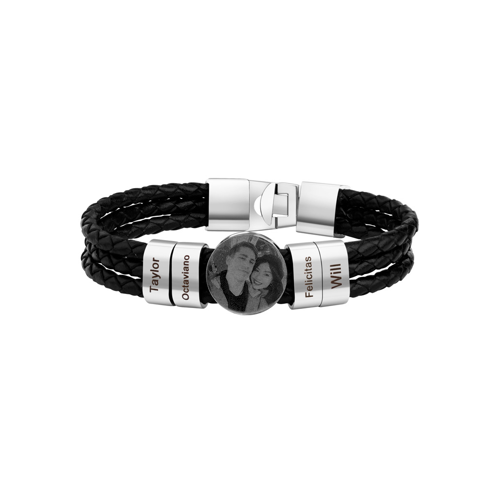 Engraved name and photo leather bracelet for man