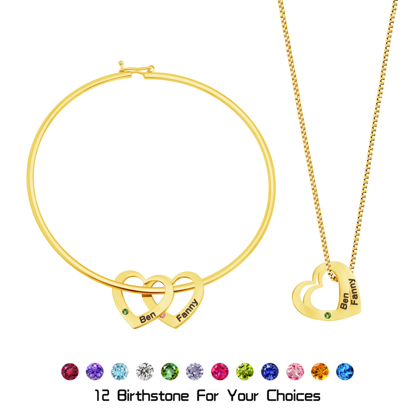 engraved name hearted shape with birthstone necklace & bracelet set