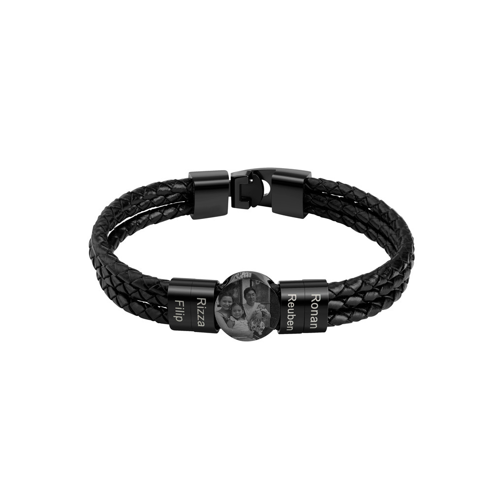 Engraved name and photo leather bracelet for man