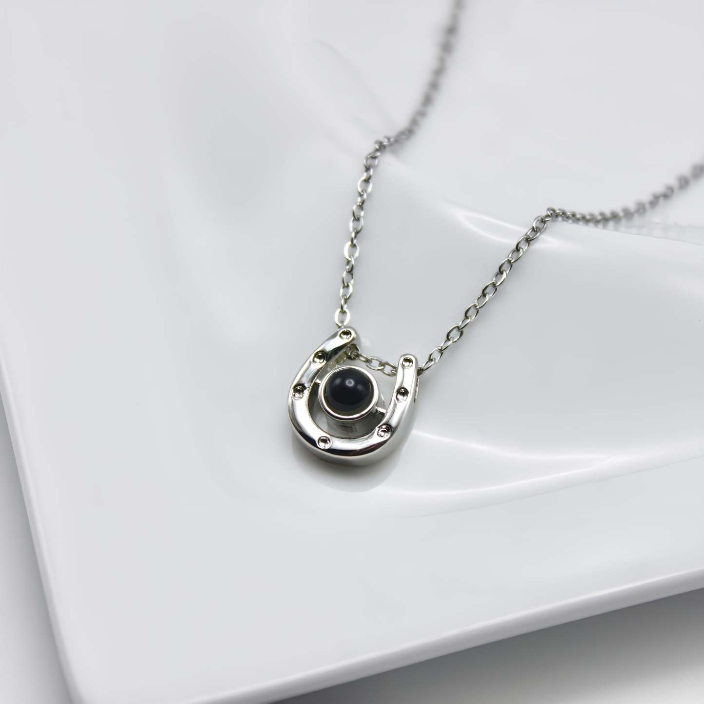 Horseshoe Lucky Charm 925 Sterling Silver Photo Projection Necklace