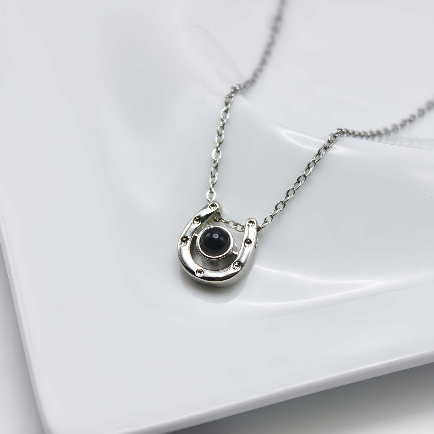 Horseshoe Lucky Charm 925 Sterling Silver Photo Projection Necklace