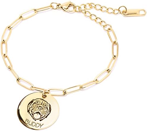 Personalized Pet Portrait Engraved Bracelet Dog Memorial Gifts Jewelry Paperclip Chain Custom Bir...