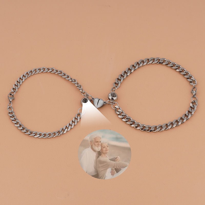 Couple's Silver Magnetic Chain Hidden Photo Bracelet