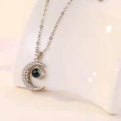 Half Moon Zircon 925 Sterling Silver Photo Projection Necklace