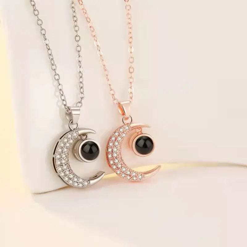Half Moon Zircon 925 Sterling Silver Photo Projection Necklace