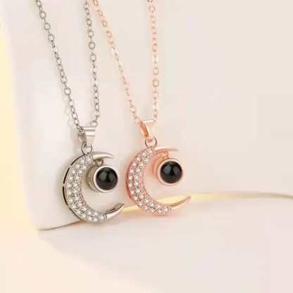 Half Moon Zircon 925 Sterling Silver Photo Projection Necklace
