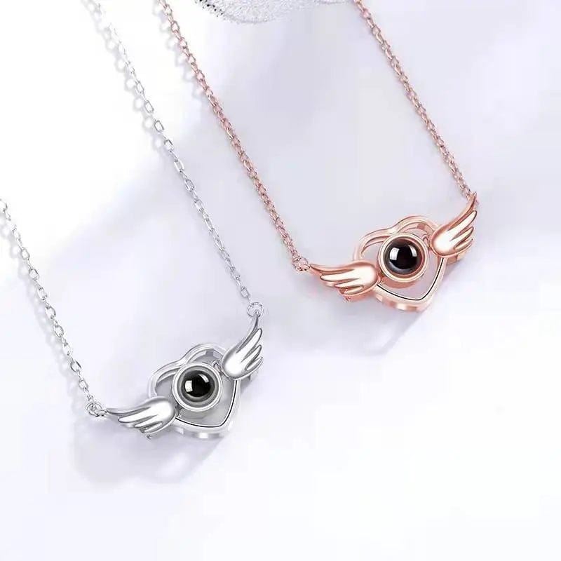 Heart Wing Zircon Gem 925 Sterling Silver Photo Projection Necklace
