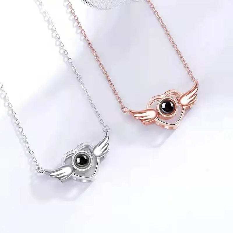 Heart Wing Zircon Gem 925 Sterling Silver Photo Projection Necklace