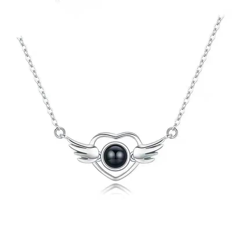 Heart Wing Zircon Gem 925 Sterling Silver Photo Projection Necklace