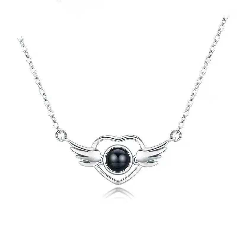 Heart Wing Zircon Gem 925 Sterling Silver Photo Projection Necklace