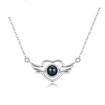 Heart Wing Zircon Gem 925 Sterling Silver Photo Projection Necklace