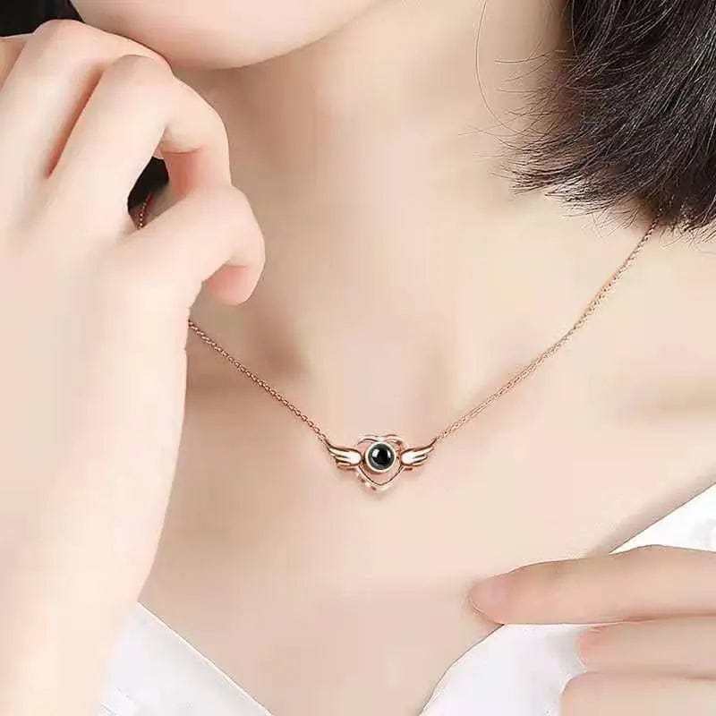Heart Wing Zircon Gem 925 Sterling Silver Photo Projection Necklace