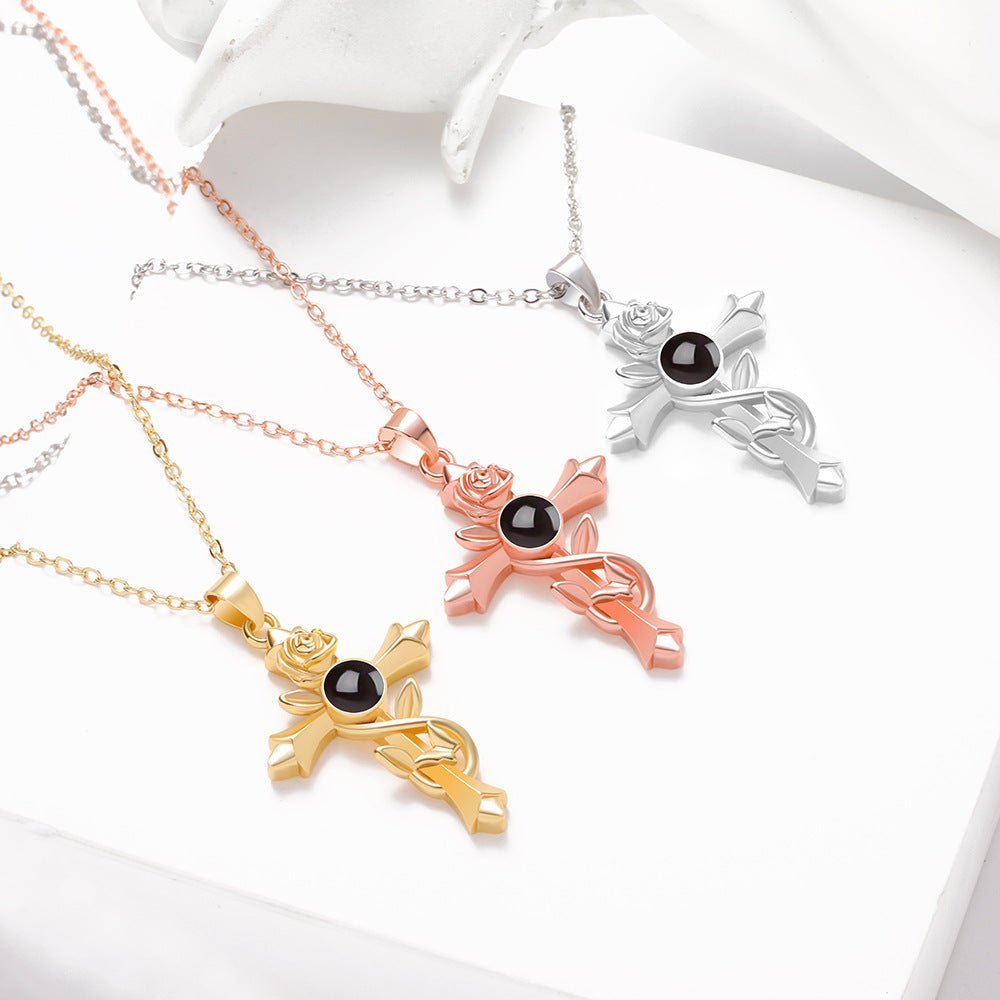 Vintage Rose Cross 925 Sterling Silver Photo Projection Necklace