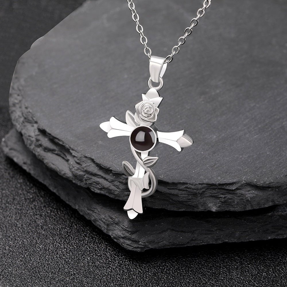 Vintage Rose Cross 925 Sterling Silver Photo Projection Necklace