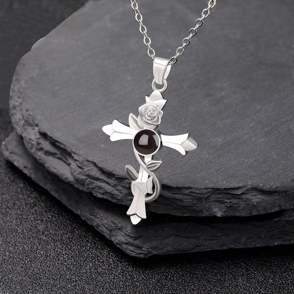 Vintage Rose Cross 925 Sterling Silver Photo Projection Necklace