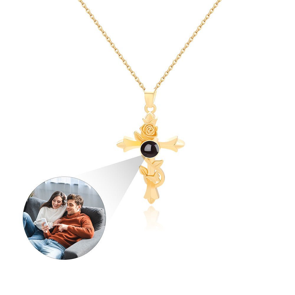 Vintage Rose Cross 925 Sterling Silver Photo Projection Necklace