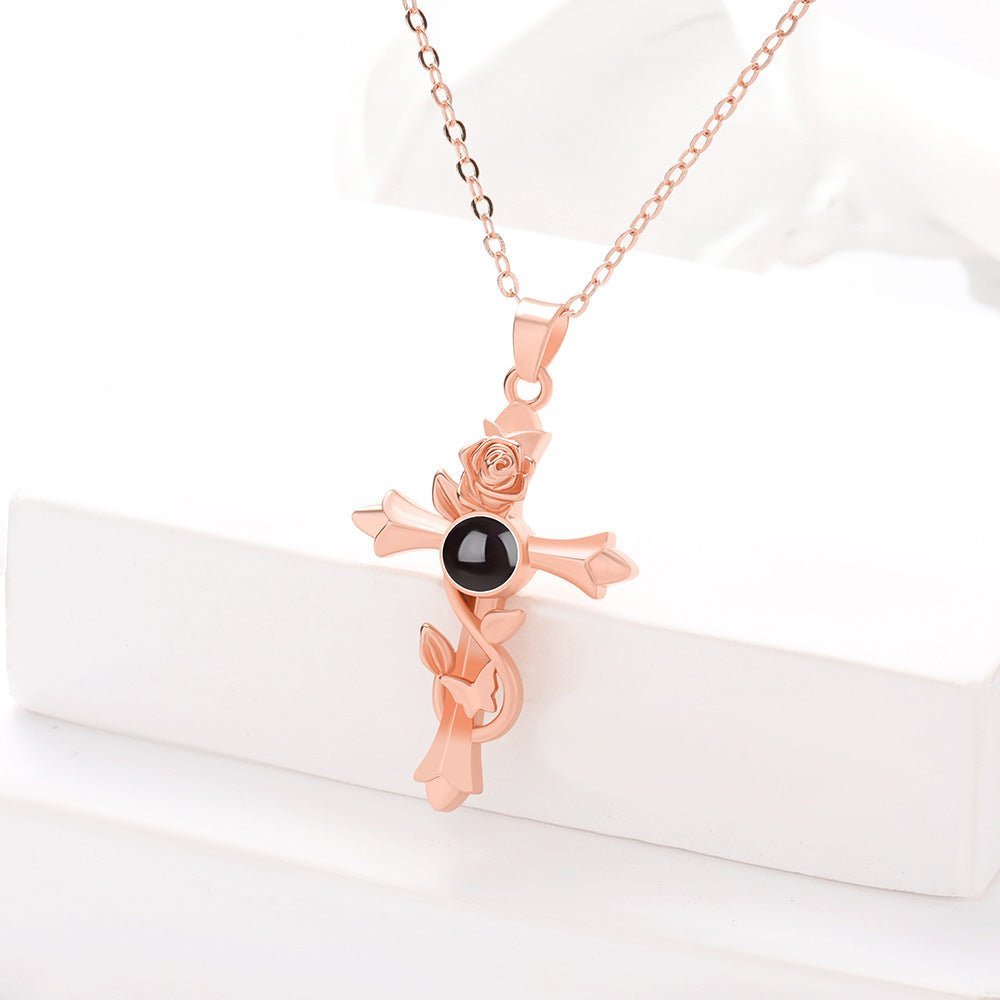 Vintage Rose Cross 925 Sterling Silver Photo Projection Necklace