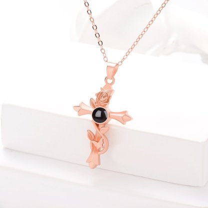 Vintage Rose Cross 925 Sterling Silver Photo Projection Necklace