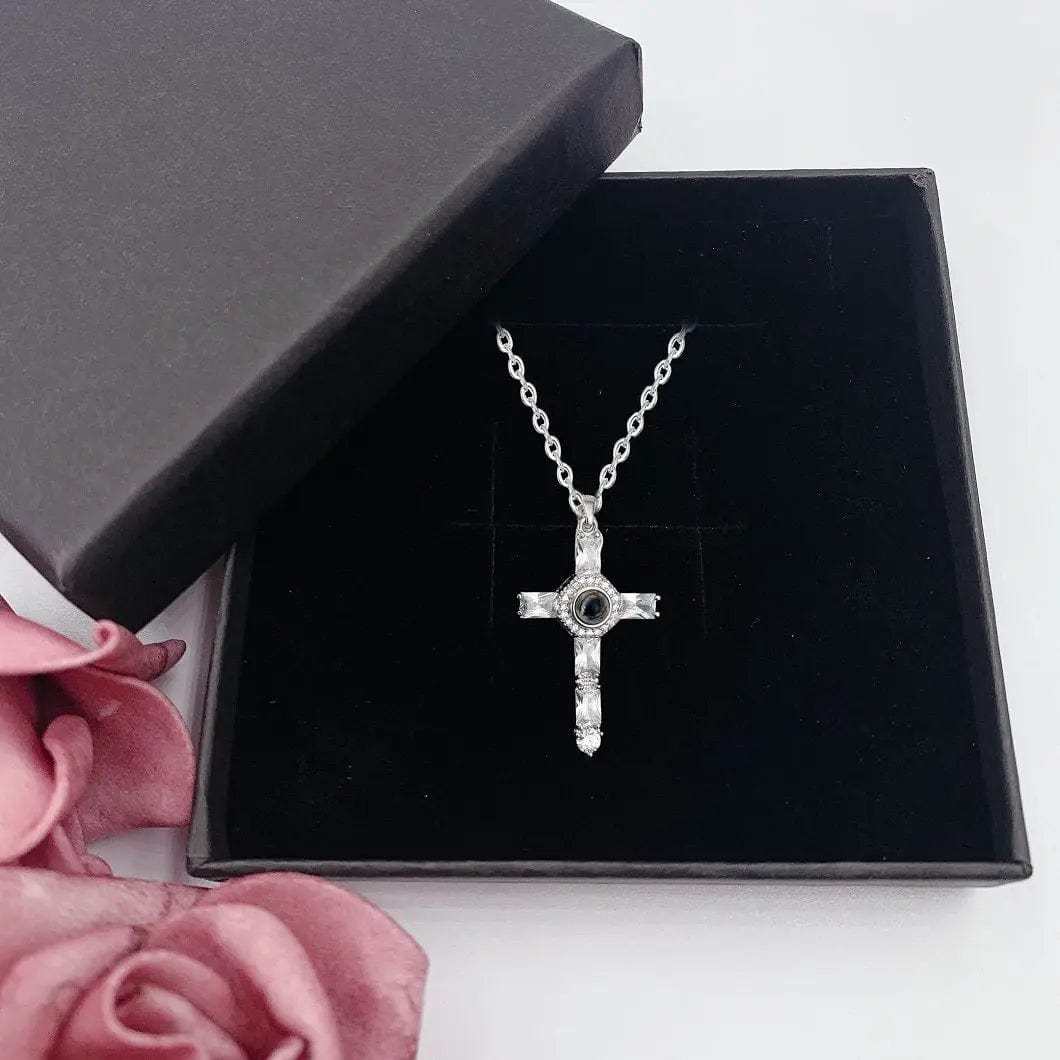Iced Cross 925 Sterling Silver Photo Projection Necklace