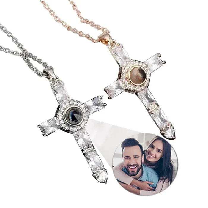 Iced Cross 925 Sterling Silver Photo Projection Necklace
