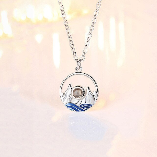 Couples Matching Mountain & Sea 925 Sterling Silver Photo Projection Necklace