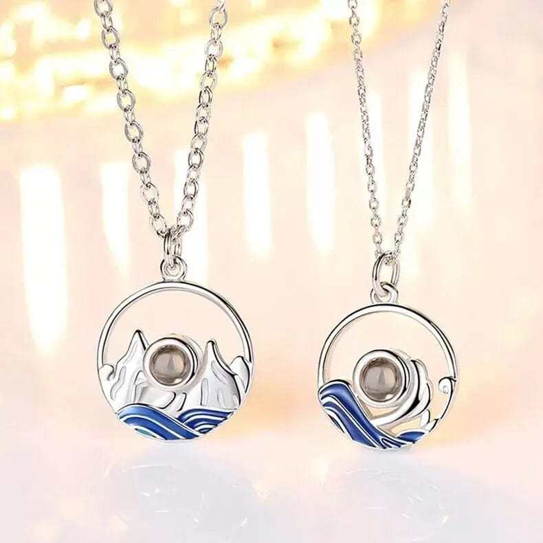 Couples Matching Mountain & Sea 925 Sterling Silver Photo Projection Necklace