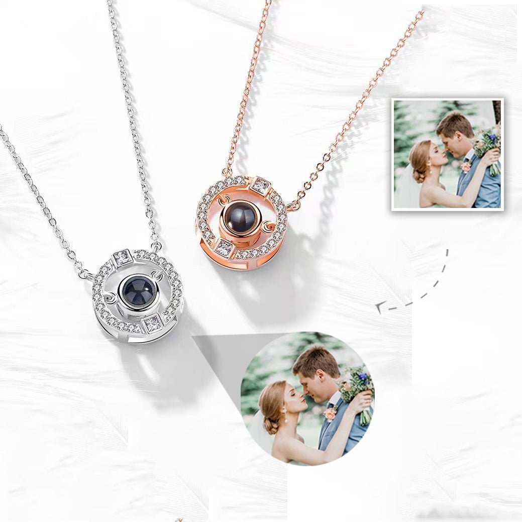 Round Zircon Gem 925 Sterling Silver Photo Projection Necklace
