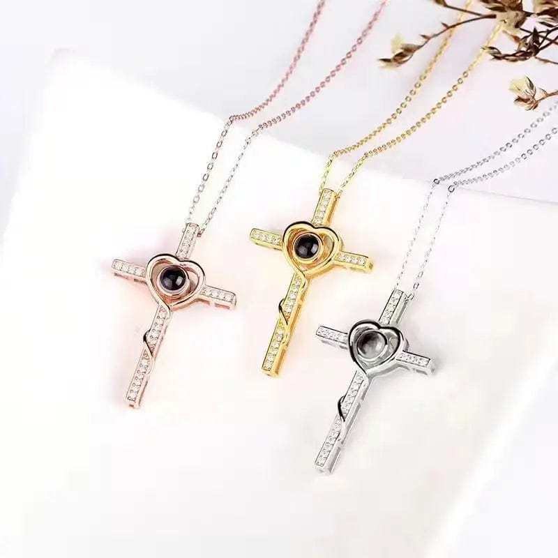 Cross Heart 925 Sterling Silver Photo Projection Necklace