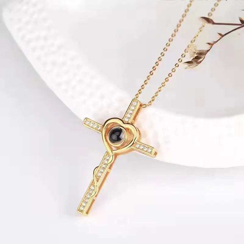 Cross Heart 925 Sterling Silver Photo Projection Necklace