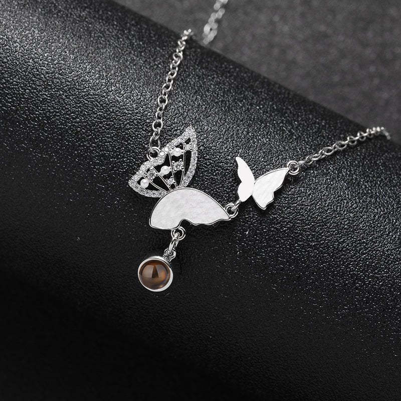 Sparkly Butterflies 925 Sterling Silver Photo Projection Necklace