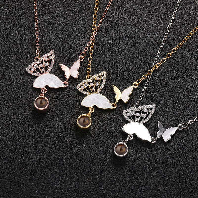 Sparkly Butterflies 925 Sterling Silver Photo Projection Necklace