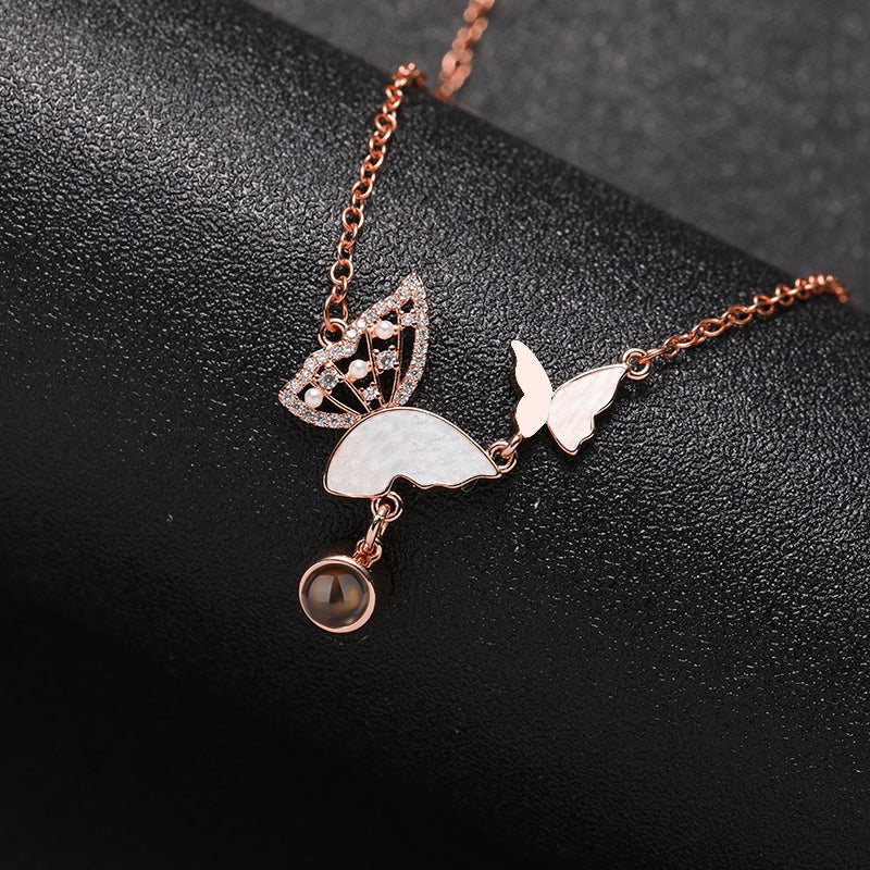 Sparkly Butterflies 925 Sterling Silver Photo Projection Necklace