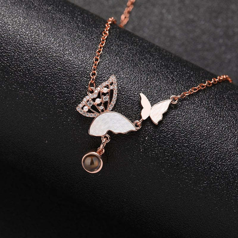 Sparkly Butterflies 925 Sterling Silver Photo Projection Necklace
