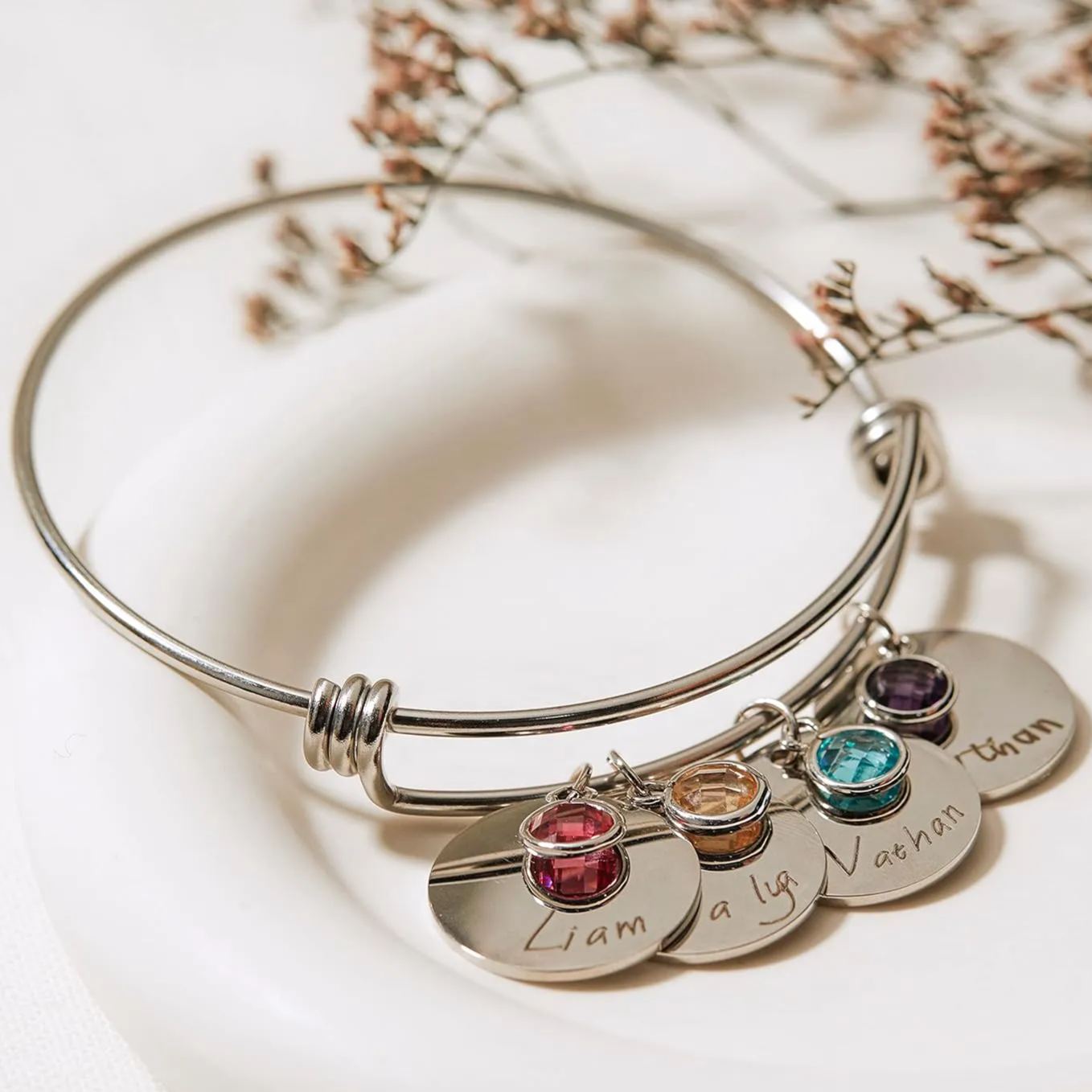Personalized Birthstone Bracelet Custom Engraved Name Charm-GIFTEEHEE