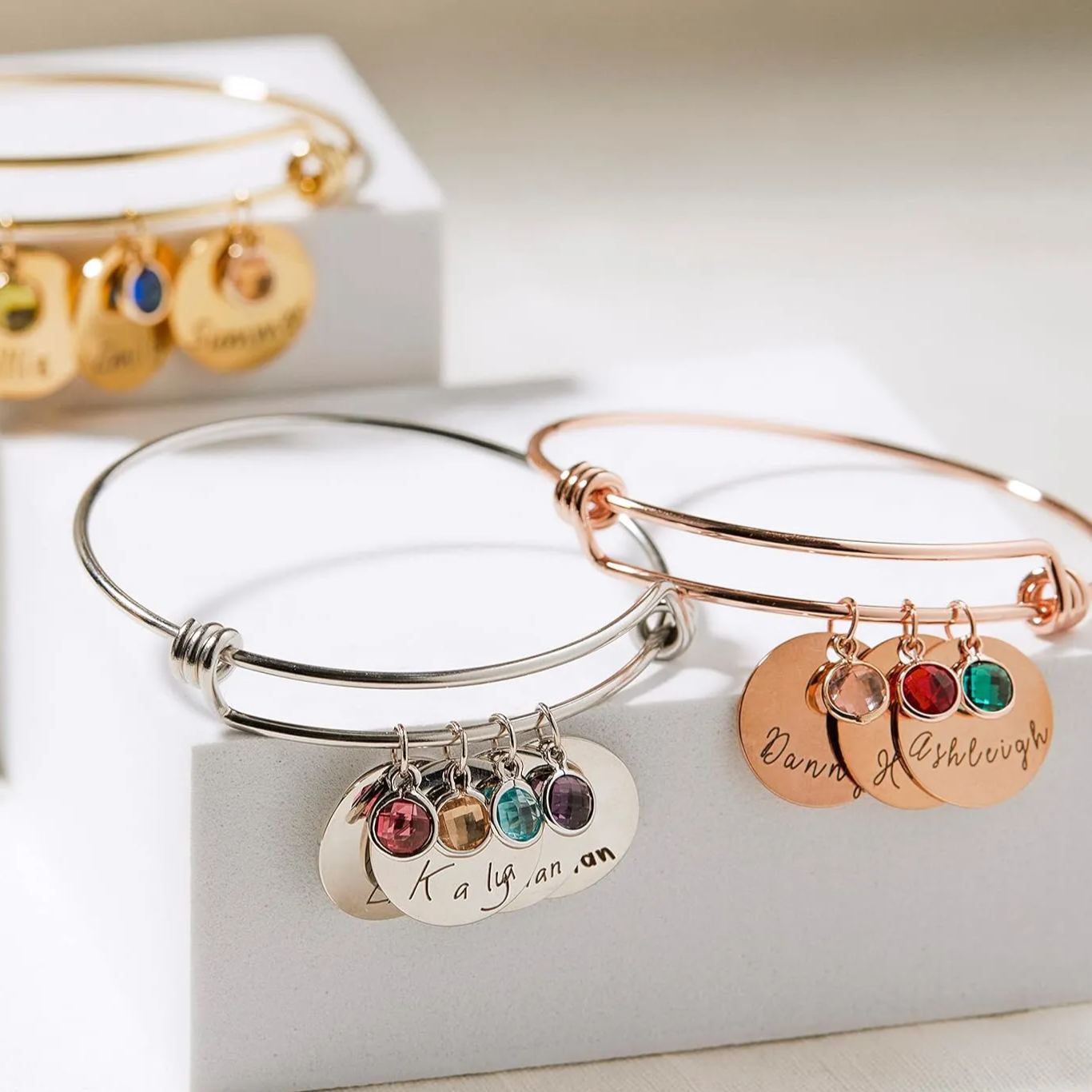 Personalized Birthstone Bracelet Custom Engraved Name Charm-GIFTEEHEE