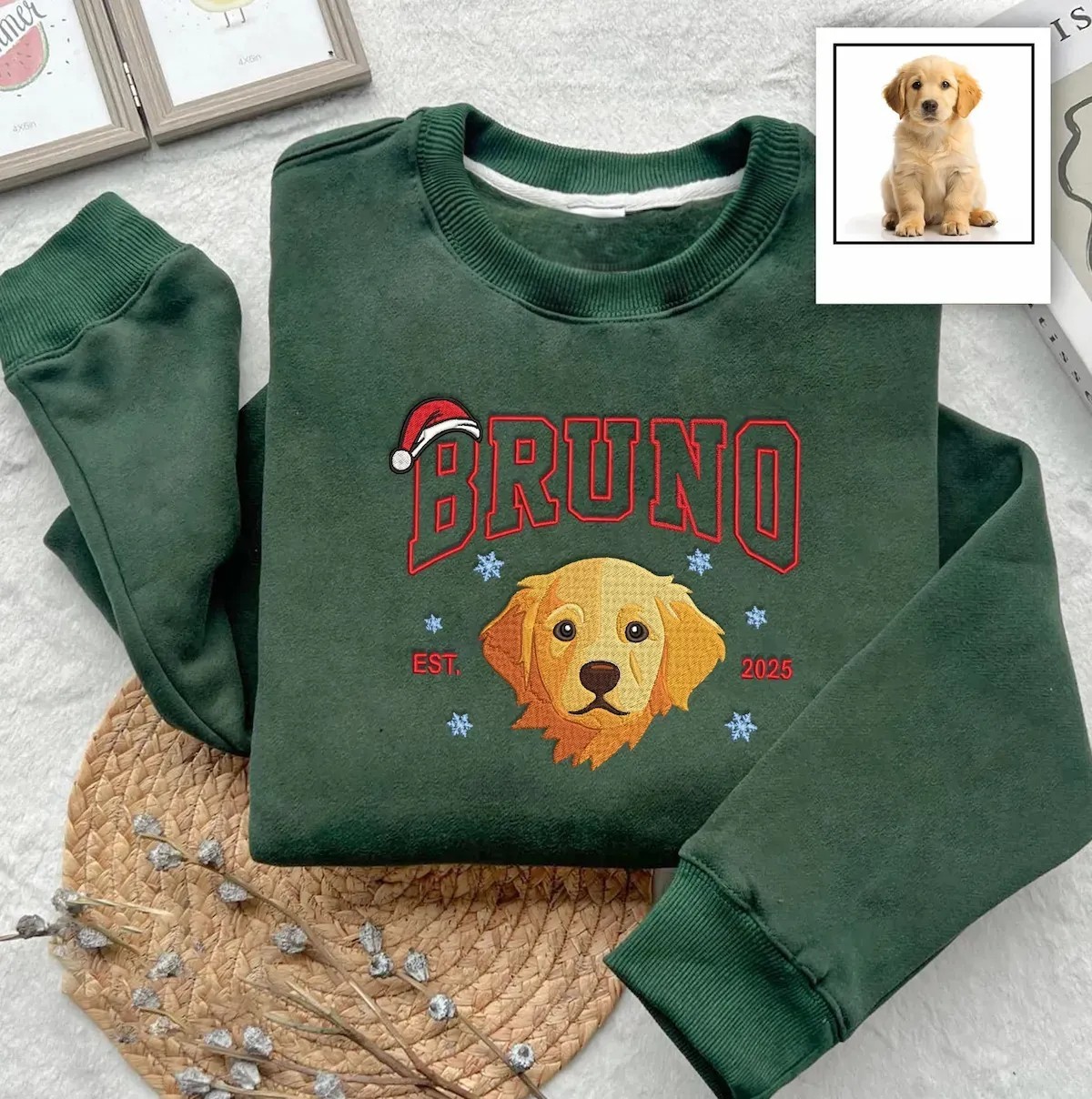 Personalized Pet Photo Christmas Embroidered Sweatshirts, Hoodies, T-Shirts