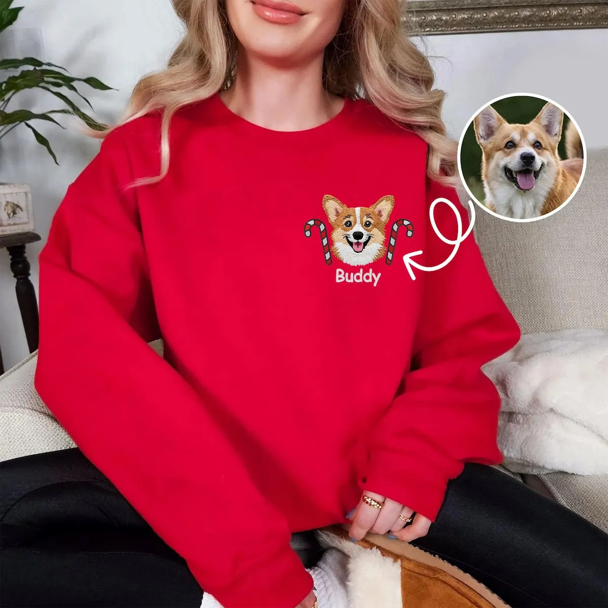 Custom Pet Portrait Christmas Hat Candy Wreath Embroidery Sweatshirt, Hoodie, T-Shirt-forlovever