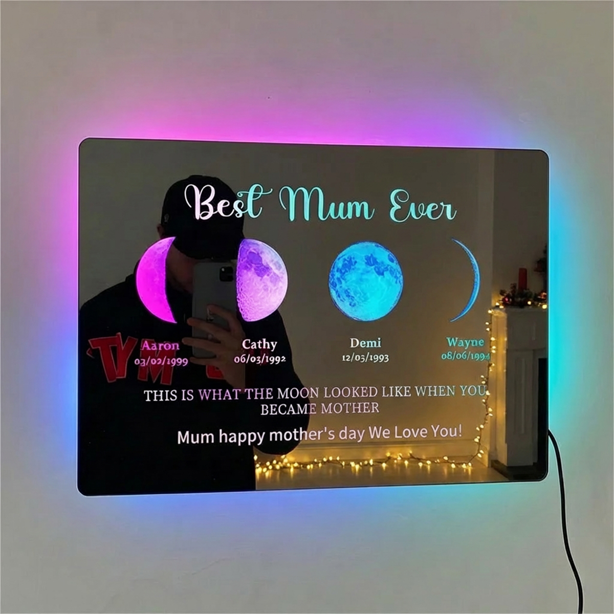Custom Led Mirror Light Frame with text and date-mum's universe