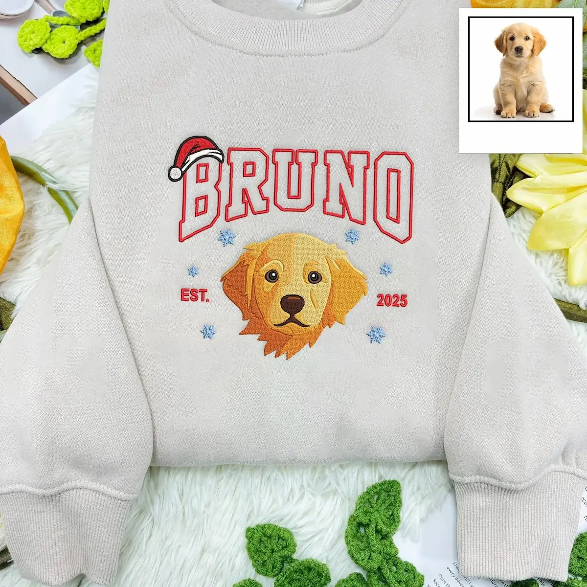 Personalized Pet Photo Christmas Embroidered Sweatshirts, Hoodies, T-Shirts