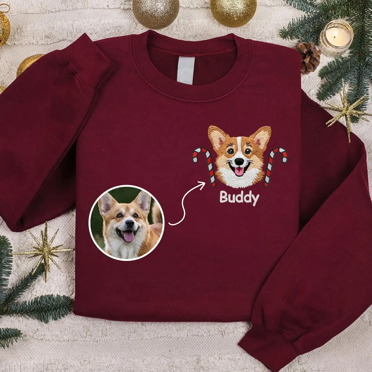 Custom Pet Portrait Christmas Hat Candy Wreath Embroidery Sweatshirt, Hoodie, T-Shirt-forlovever