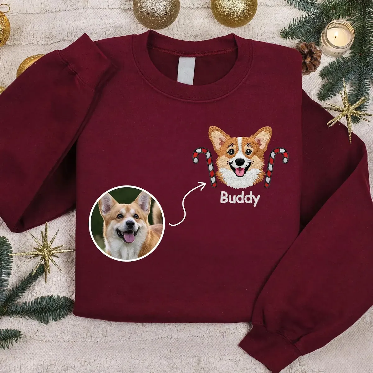 Custom Pet Portrait Christmas Hat Candy Wreath Embroidery Sweatshirt, Hoodie, T-Shirt-forlovever