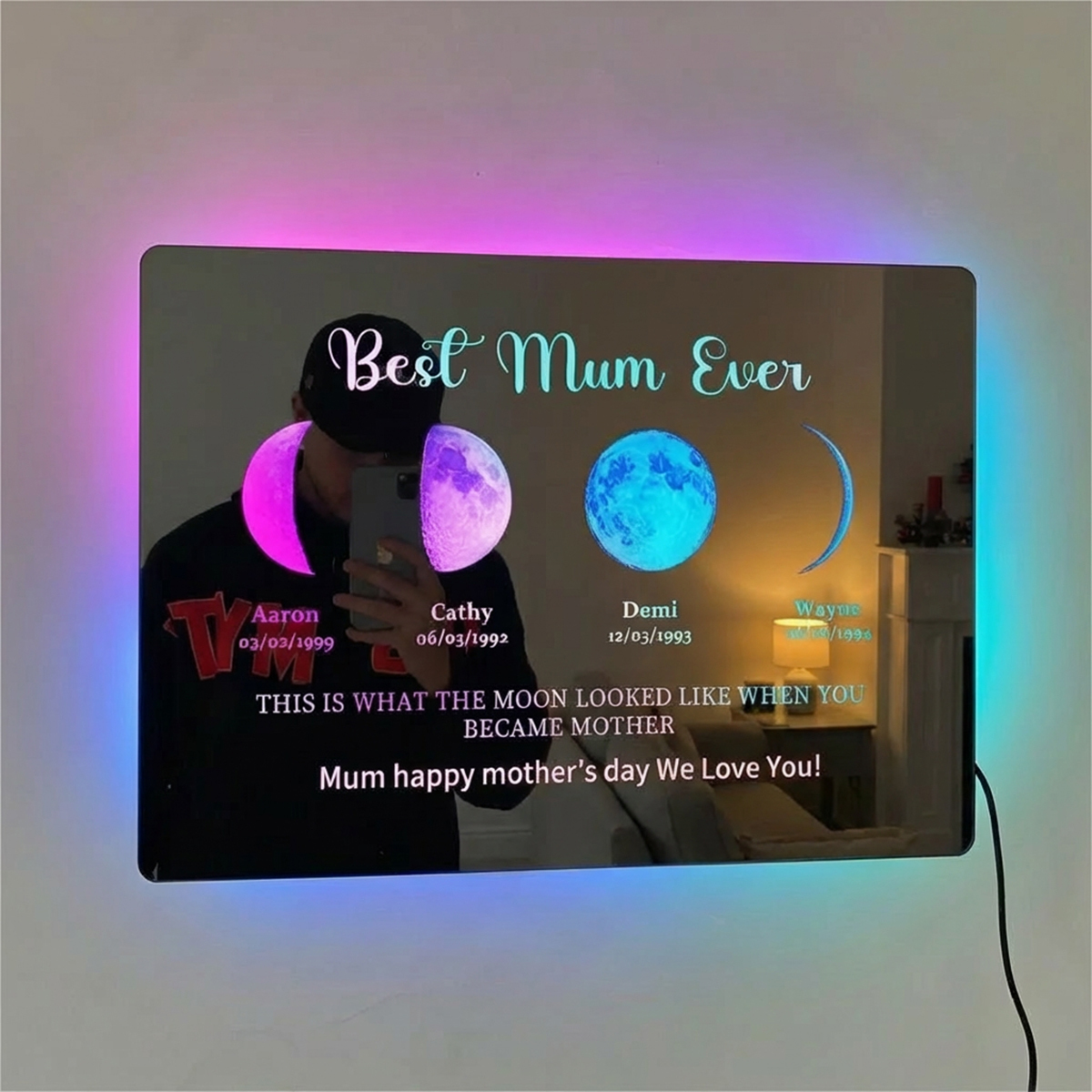 Custom Led Mirror Light Frame with text and date-mum's universe